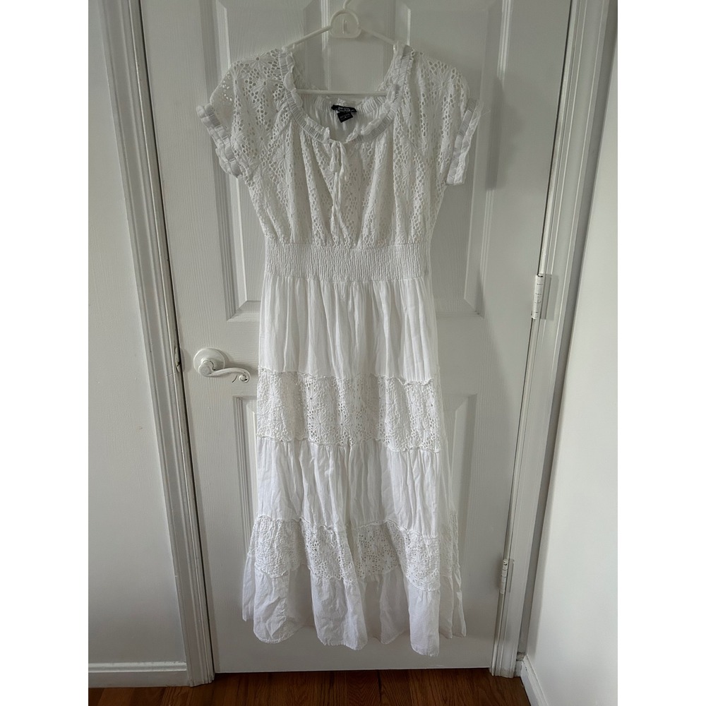 Napo National Silk Outfits White Eyelet Lace Cotton Maxi Dress Smocked Waist S